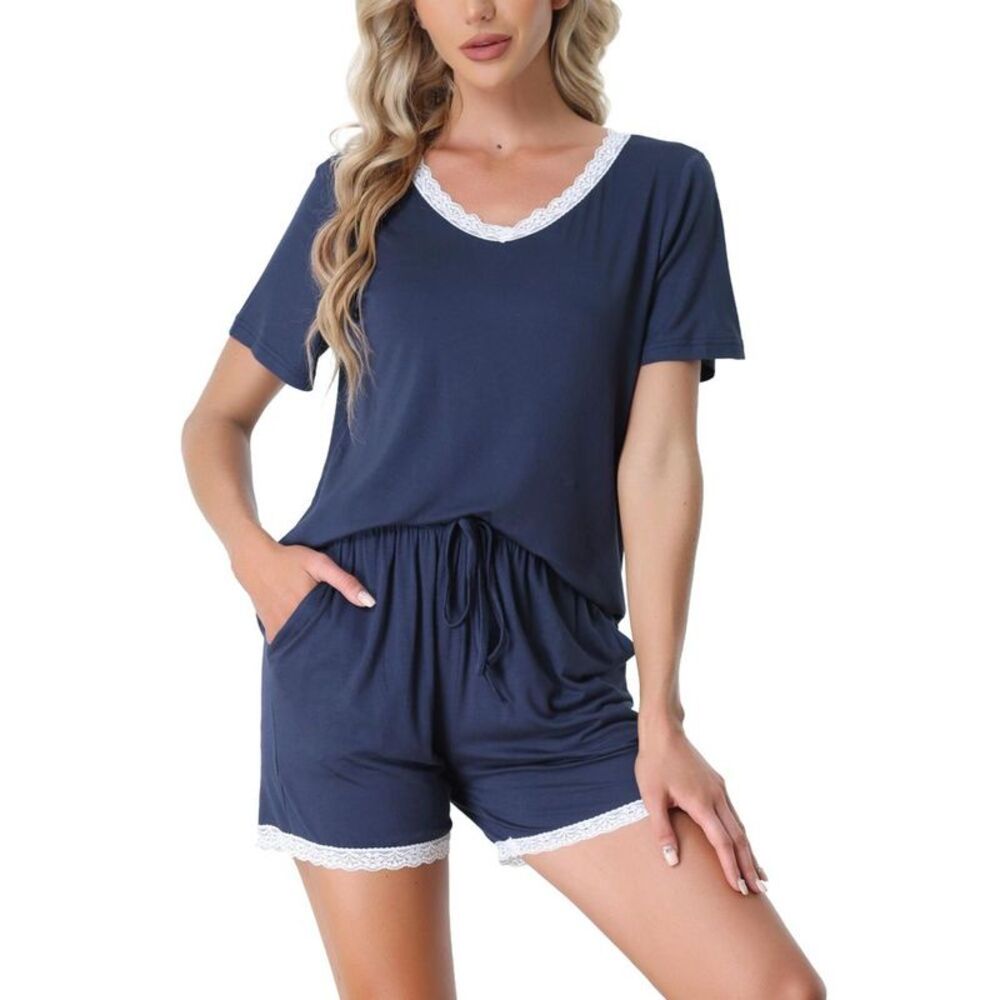 cheibear Women's Soft Shorts Sleeve Nightwear with Pockets Pajama Set